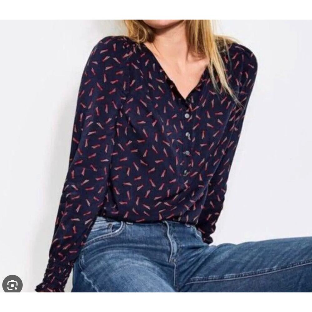 Boden Navy Red Shooting Star Print Popover Blouse Long Sleeve 2